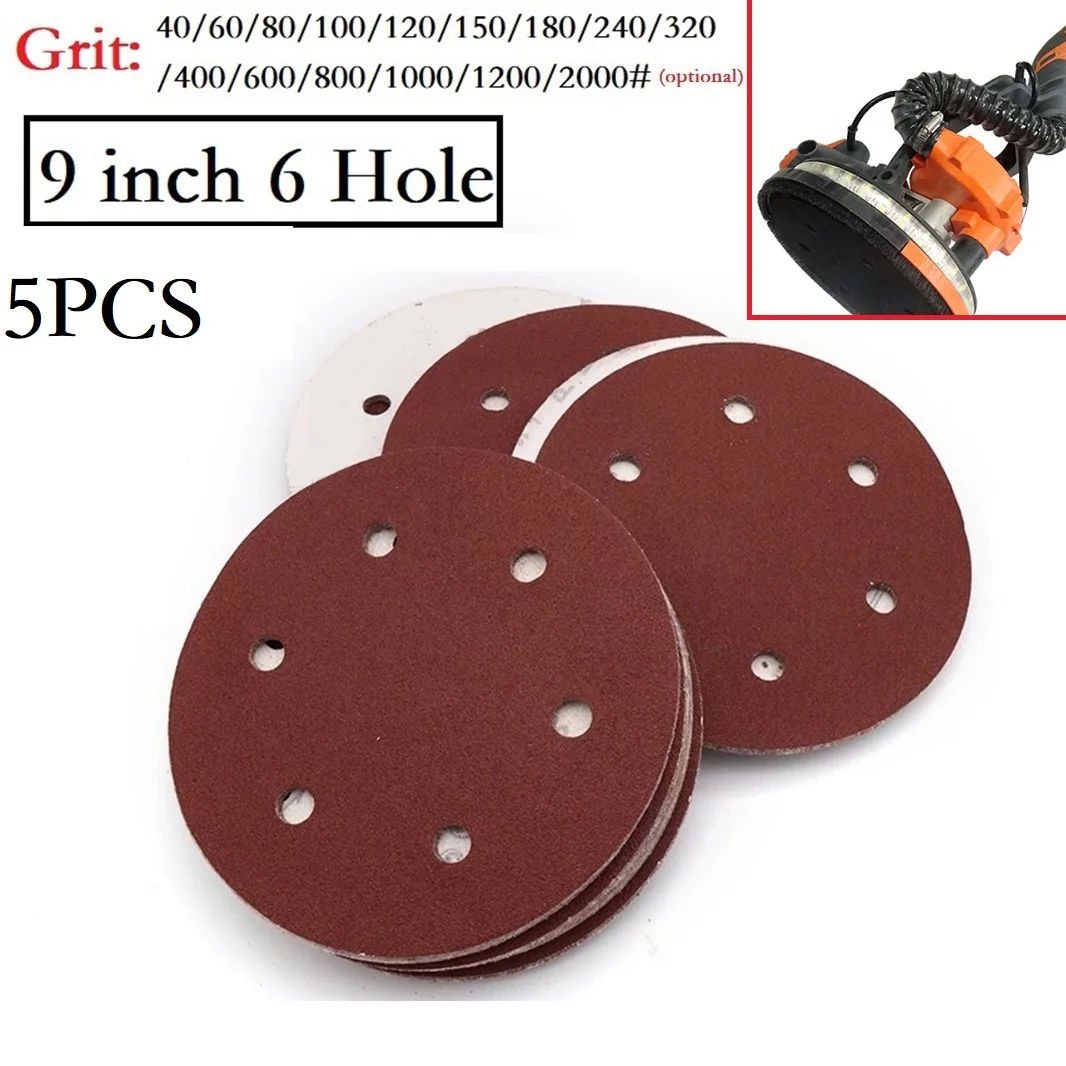 

5pcs 9inch Sandpaper 225mm 6 Hole Sanding Paper 40-2000grit Electric Wall Polisher Sandpaper Sanding Disc Polishing Grinding
