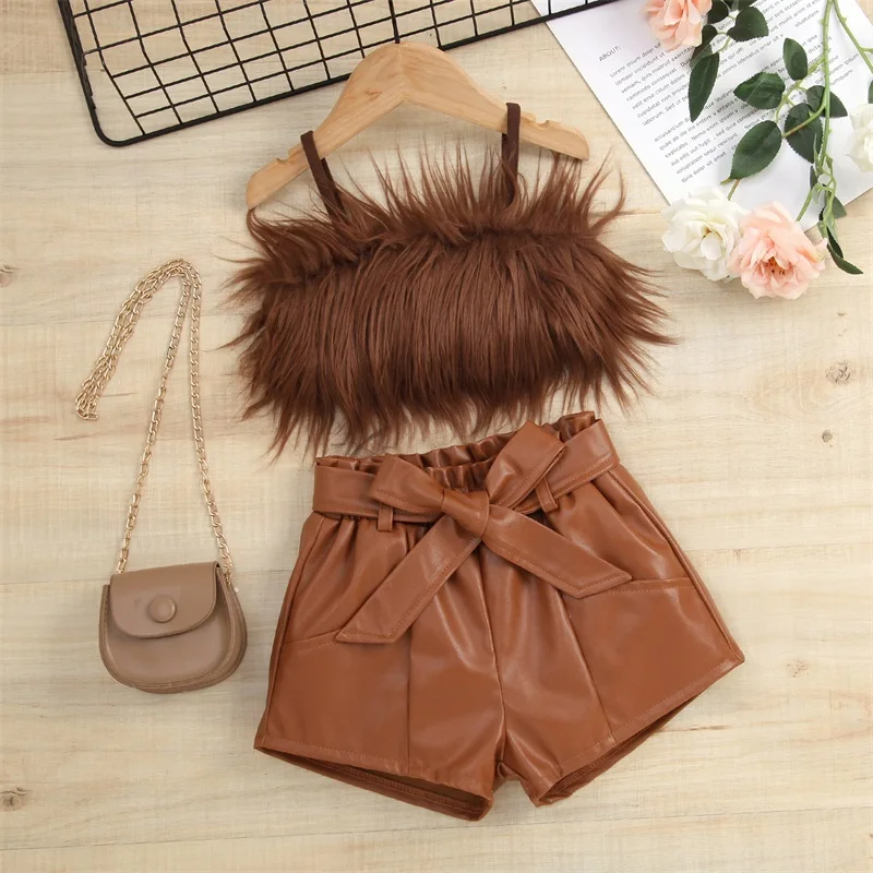 1-6Y Kids Girls Summer Clothes Sets Baby Sleeveless Plush Sling Tank Tops + PU Leather Short Pants with Belt Children Outfits