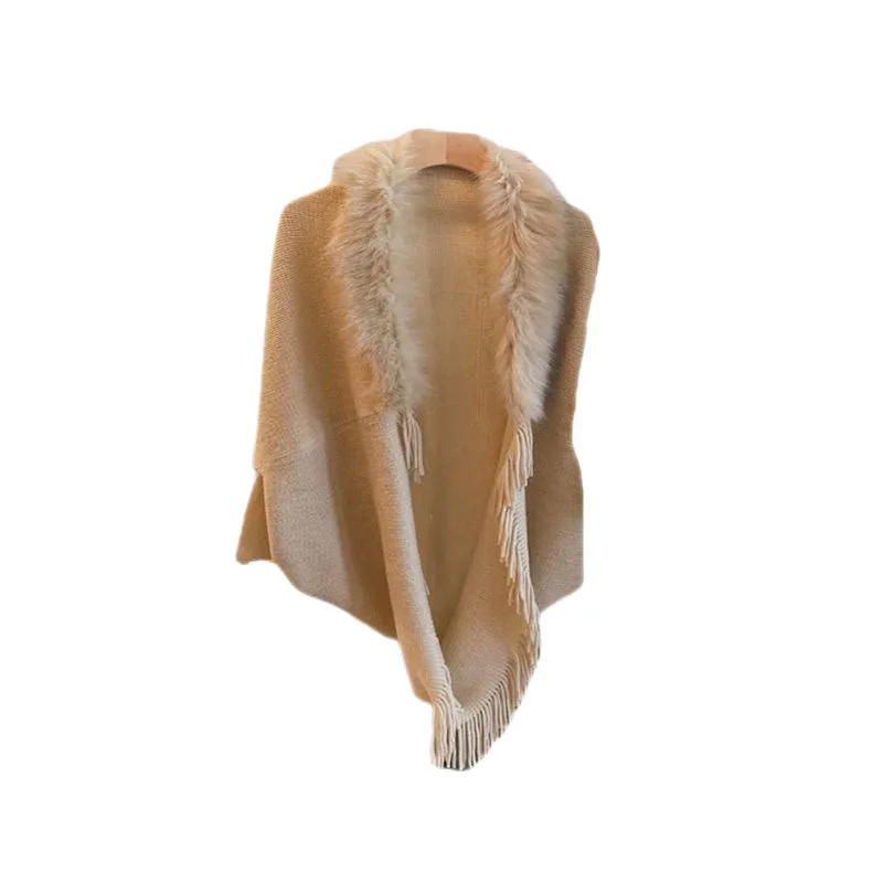Knitted Shawl Fur Collar Coat Autumn and Winter Large Size Loose Warm Cloak Wool Coat Winter 2023 Shawl for Women Elegance Wear