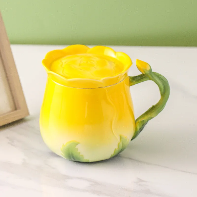 Tazza Da Caffè In Ceramica Con Coperchio, Cucchiaio E Piattino | Motivo Floreale | 350 Ml | Idea Regalo Donna (Kaki)