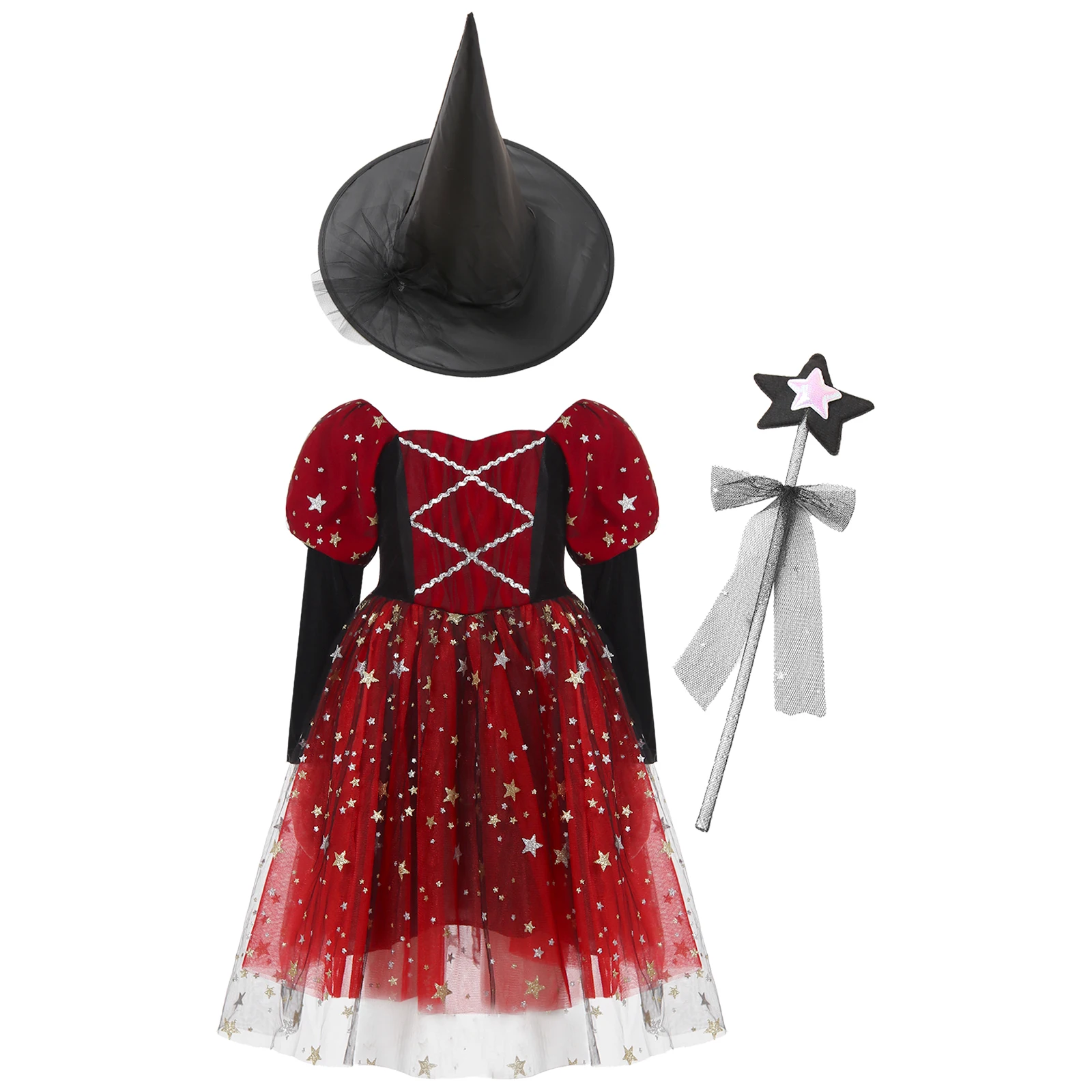 

Kids Girls Halloween Witch Dress Up Costume Long Puff Sleeve Shinny Star Dress Pointed Hat+Star Wand Set for Cosplay Theme Party