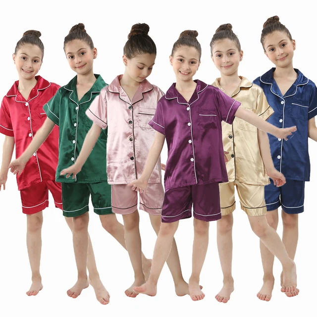 4 6 8 10 12 14 Years Children Satin Pajamas Sets Kids Sleepwear Pyjamas  Solid Color