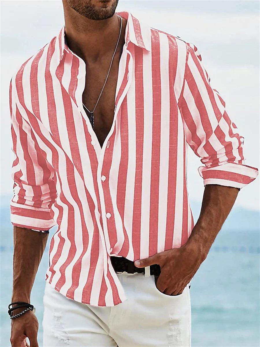 

Hawaiian Men's Shirt Beach Vacation Long Sleeve Shirt for Men Fashion Striped Printed Clothing Vintage Casual Blouse Office Tops