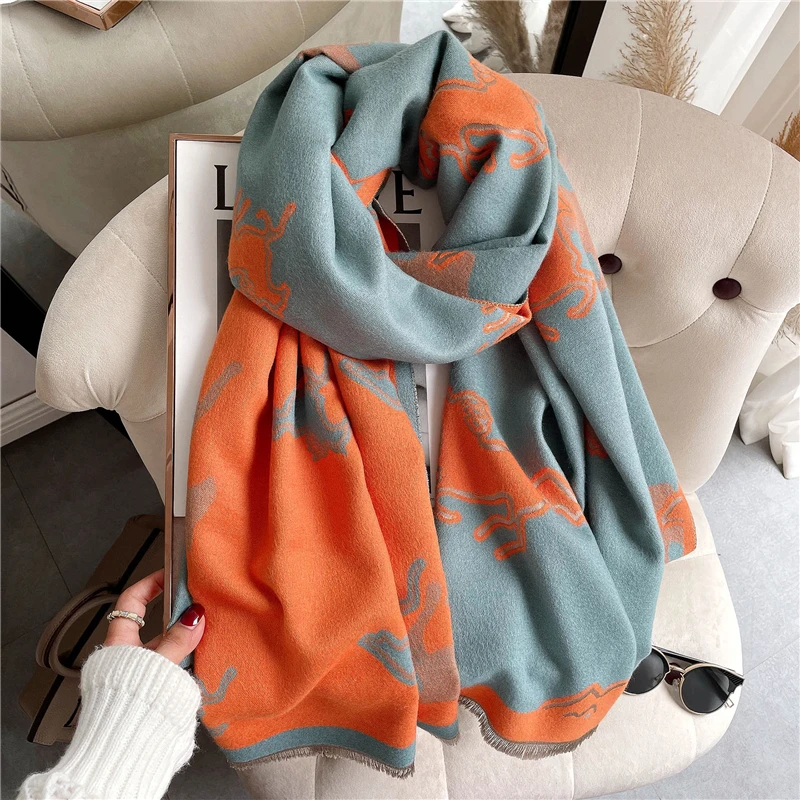 

Thick Horse Print Cashmere Winter Scarf Shawl Luxury Pashmina Warm Blanket Wrap Bufanda Female Headscarf Echarpe New