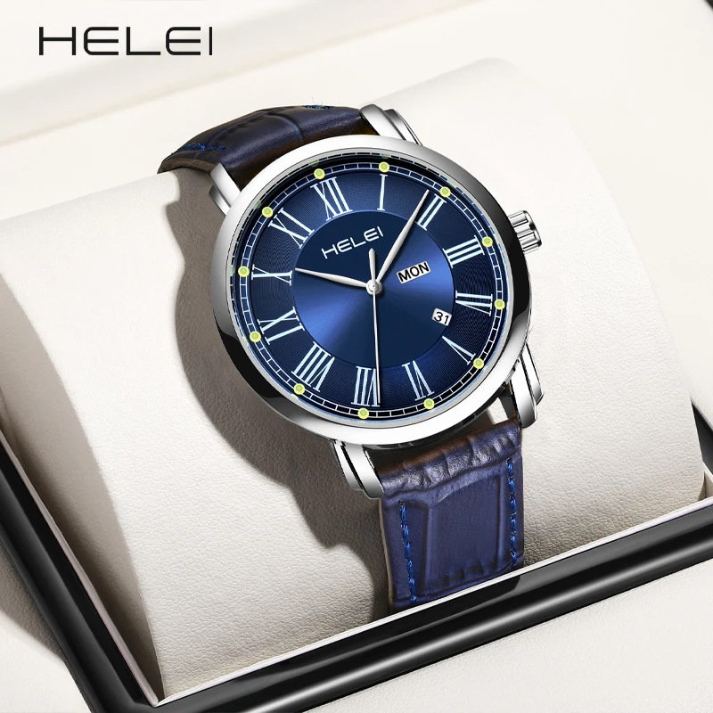 HELEI brand business luxury watches men's quartz watches waterproof quartz wristwatch leather fashion quartz wristwatch