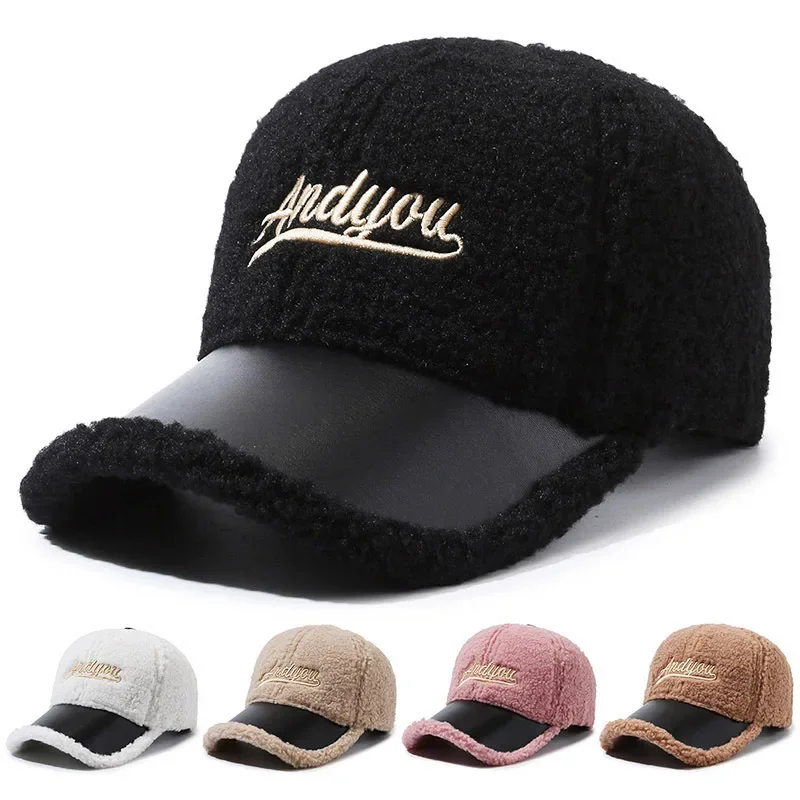 

Men Women Lamb Wool Embroidery Letter Baseball Caps Adjustable Autumn Female Winter Warm Outdoor Fashion Snapback Hat Unisex Cap