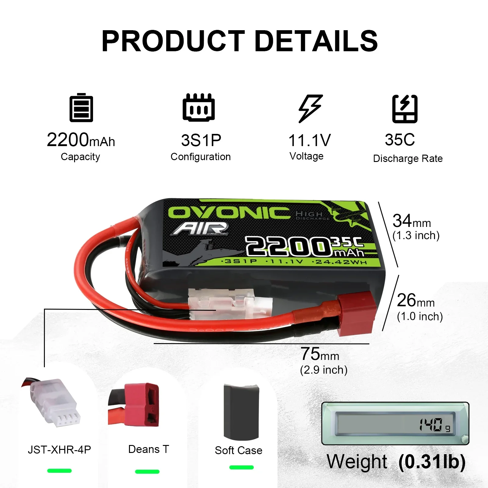 Lot de 2 batteries LiPo Ovonic 3S 2200mAh 11.1V 35C câbles et prises visibles