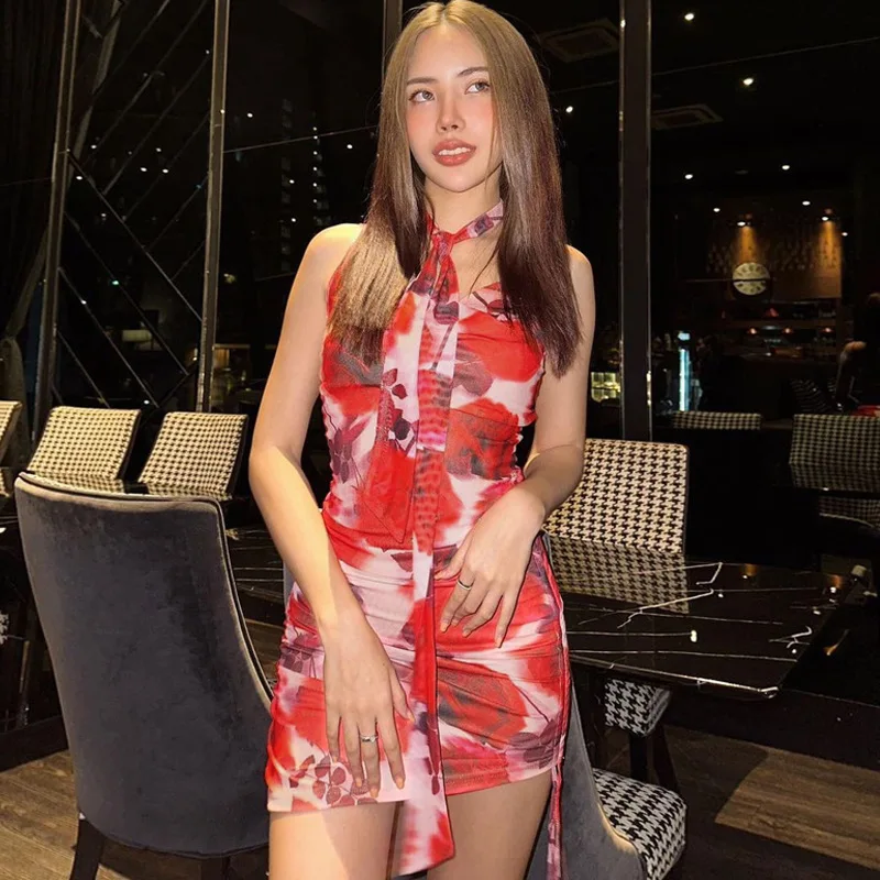 

Women Elegant Floral Print Scarf Sleeveless Slip Lace Up Sexy Slim Mini Dress Summer Cute Y2K Festival Party Outfit Vestidos