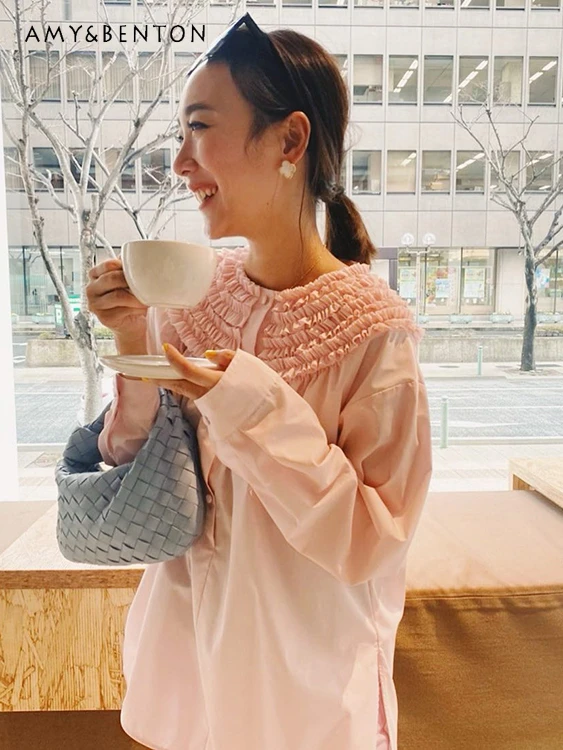 

Рубашка женская плиссированная однобортная с длинным рукавом и воротником «кукла»