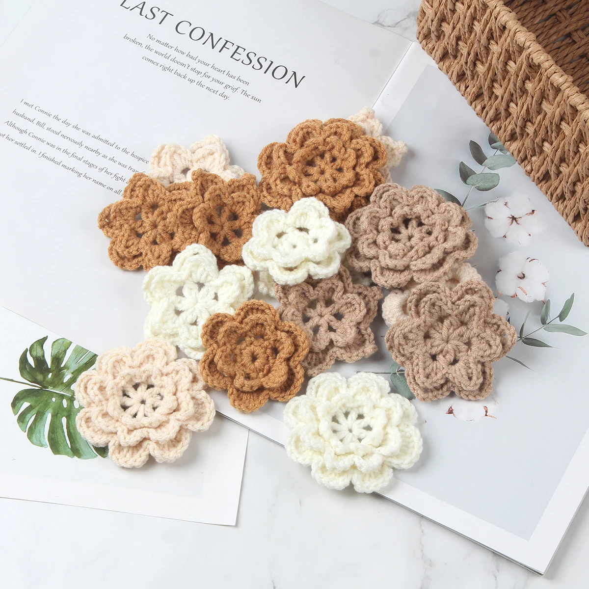 10pcs 3D Handmade Flowers DIY Knit Crochet Cotton Patches Applique Baby Hair Clip Hat Headwear Crafts Clothing Accessories