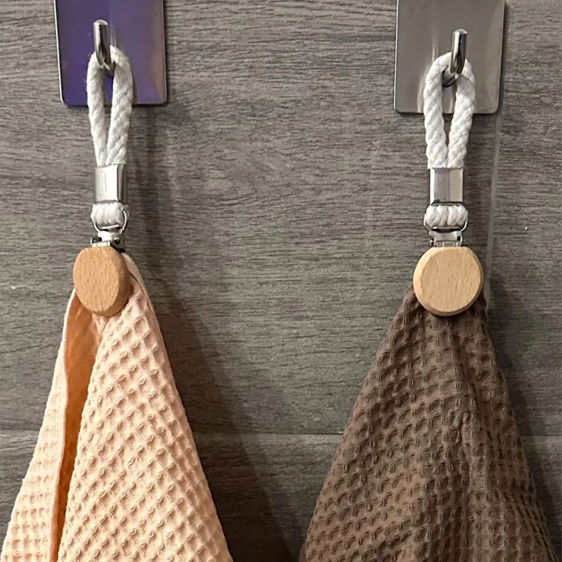 kitchen towel clip 2pcs Multi functional non perforated kitchen towel clip woven rope beech wood round head storage bathroom clip