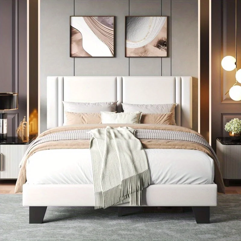 Upholstered Queen Size Bed Frame with Velvet Fabric Headboard Strong Wooden Slats Support Noise Free No Box Spring Neede 3