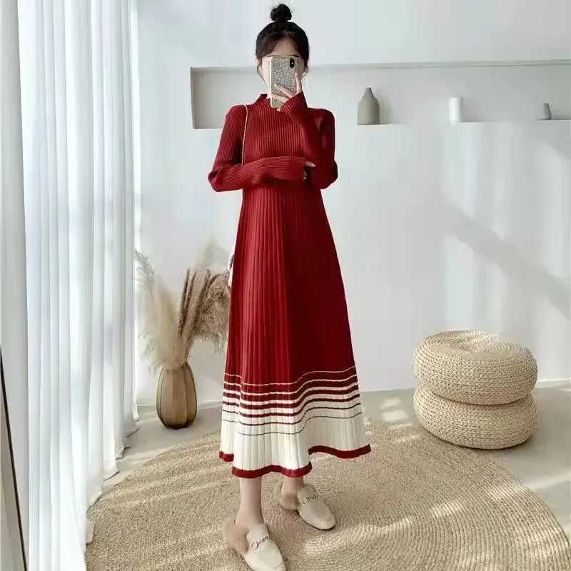 

Autumn Winter Fashion Knitted Dress Women's Half High Neck Long Sleeve Sweater Medium Elegant Korean Party Women F64