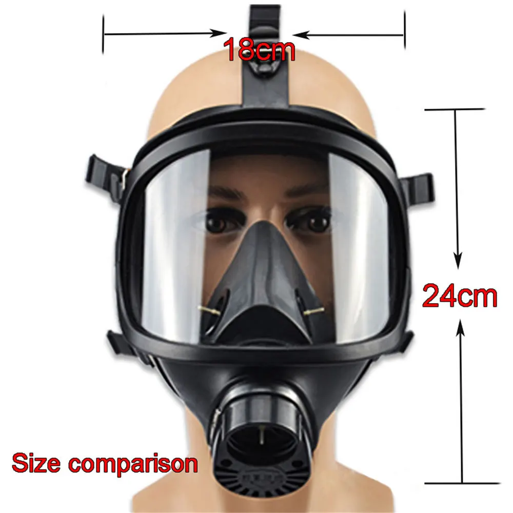 Masque à gaz MF14 Type IIR porté par un mannequin, protection intégrale anti-pollution avec sangle ajustable