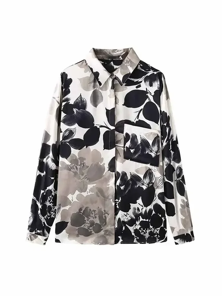 

Women New Fashion Flower print decoration Loose Satin casual Blouses Vintage Long Sleeve Button-up Female Shirts Chic Tops