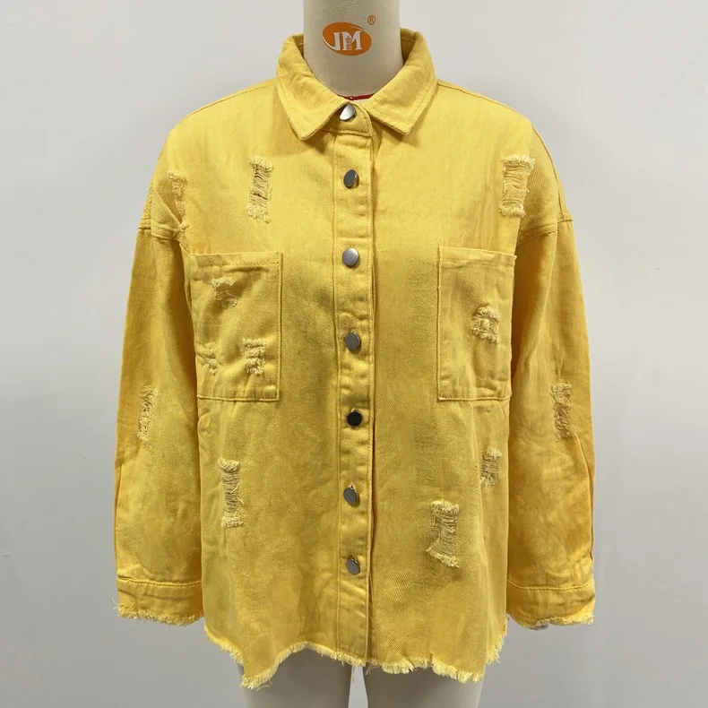 Women Fashion Ripped Denim Jacket Turn Down Collar Long Sleeve Tops Single Breasted Tassels Coat Loose Shirts & Blouses Outwear picture