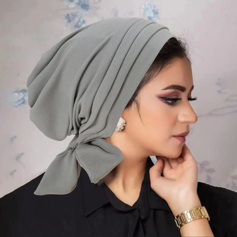 

Solid Color Muslim Women Hijab Bonnet Pre-Tied Pleated Underscarf Islamic Cancer Headwear Scarf Ruffle Hair Loss Hat