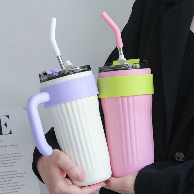 860ml Large Capacity Coffee Cup with Handle Straw Thermos Cup Girl