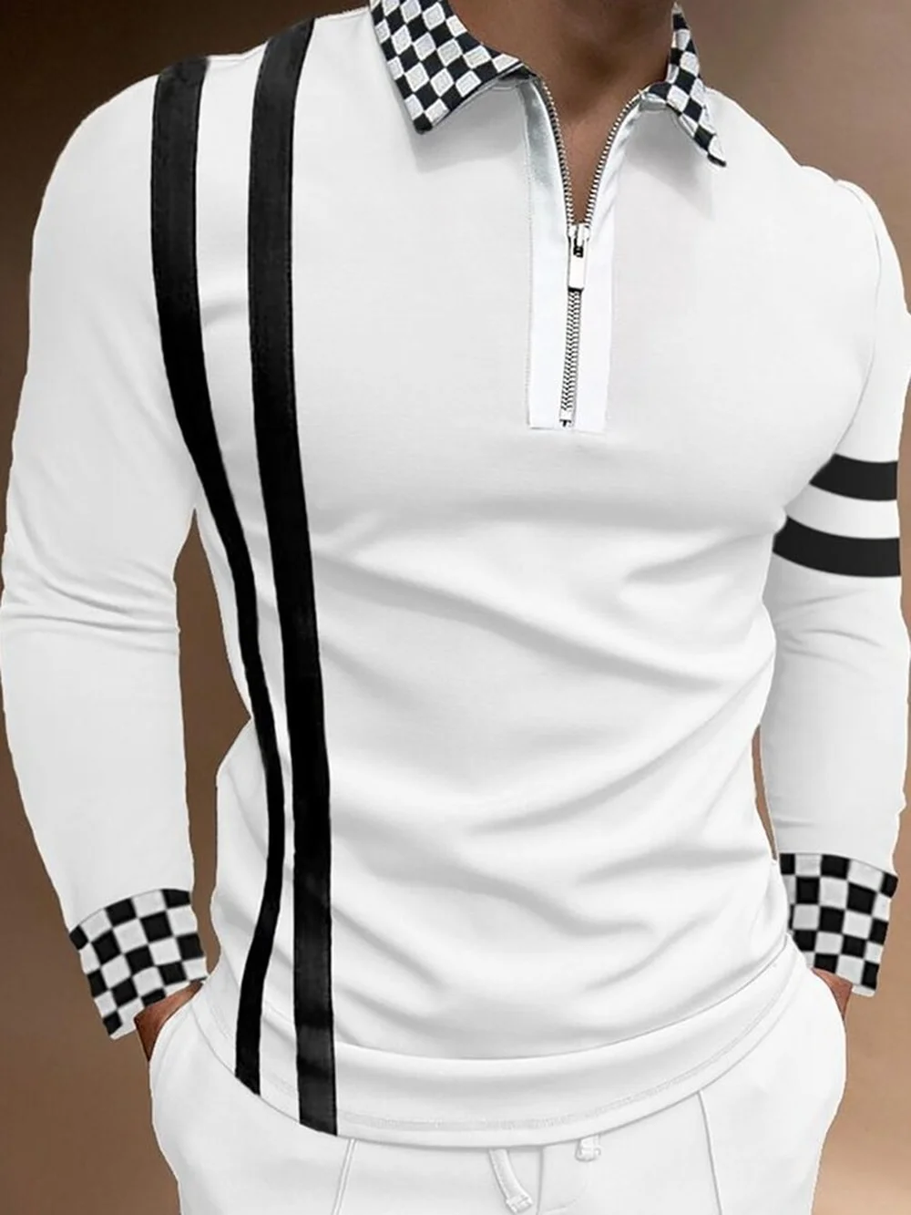 

Men's Long Sleeve Lapel Striped Plaid T-Shirt Slim Fit POLO Shirt