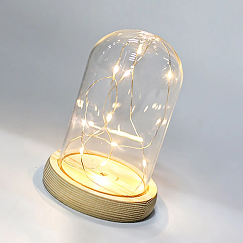 Glass Display Dome Wooden Base LED Light Landscape Vase Dry Flower Cloche Cover DIY Succulent Plants Container