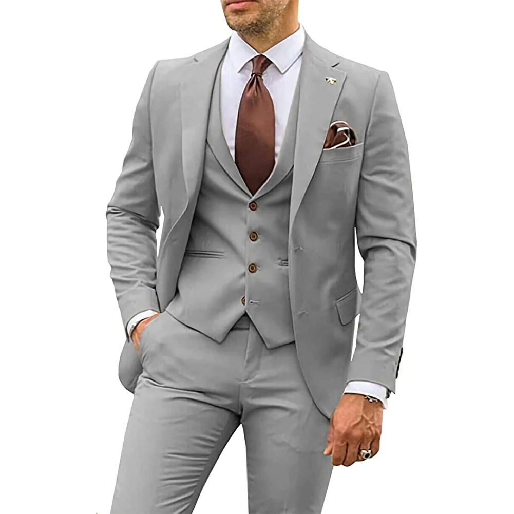 

Grey Men Suits Business Casual Groom Tuxedos Party Suit Notched Lapel 3 Piece （Blazer + Vest + Pants）Slim Fit Costume Homme 2023