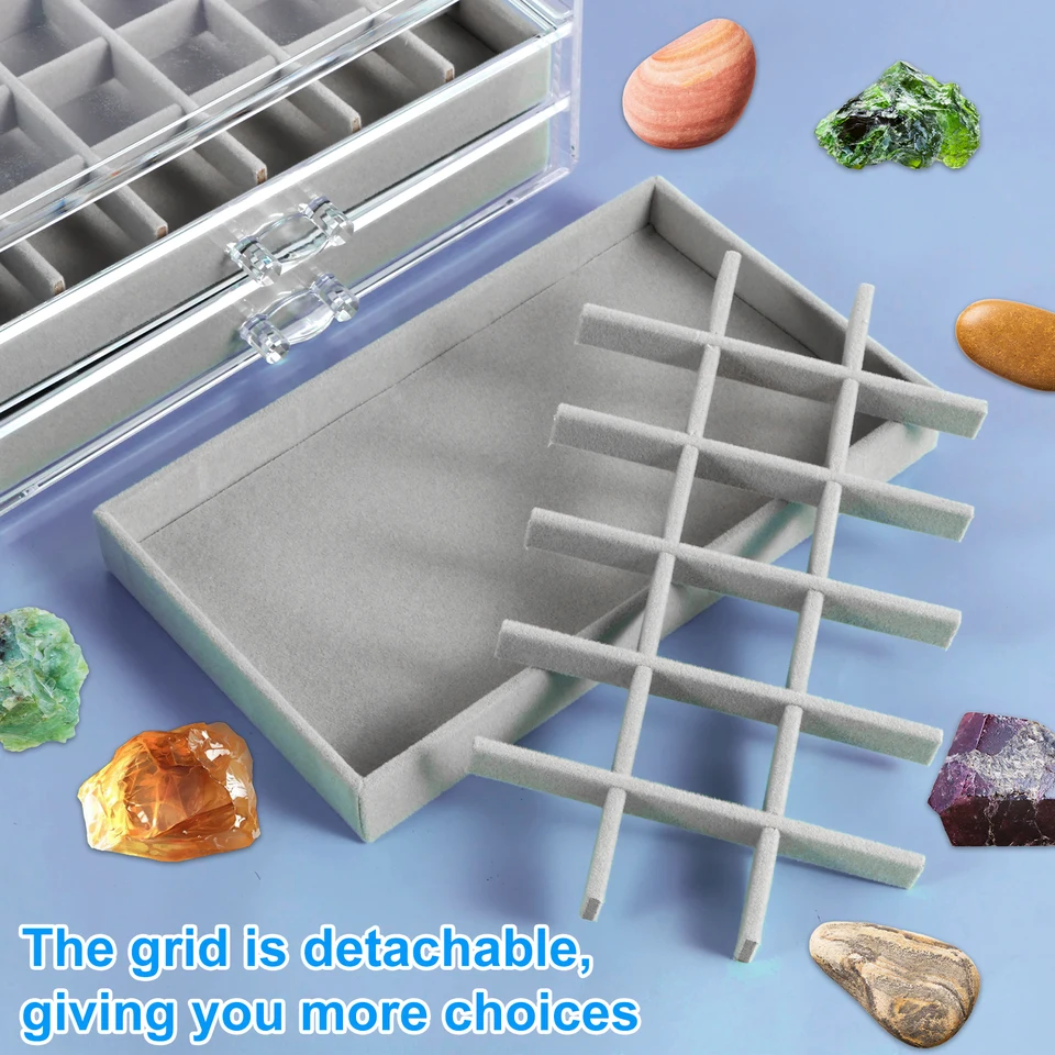Rock Collection Rock Boîte De Collection Avec 3 Tiroirs, Boîtes De Rangement Pour Minéraux, Vitrine Fossile Avec 54 Compartiments, Boîte De Collection En Pierre Transparente En Acrylique, Pour Le