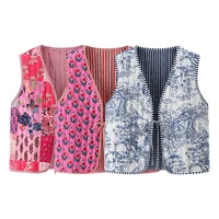 2025 Autumn Women National Style Sleeveless Patchwork Floral Print Quilted Vest Jacket Ladies Lace Up WaistCoat Chic Crop Tops