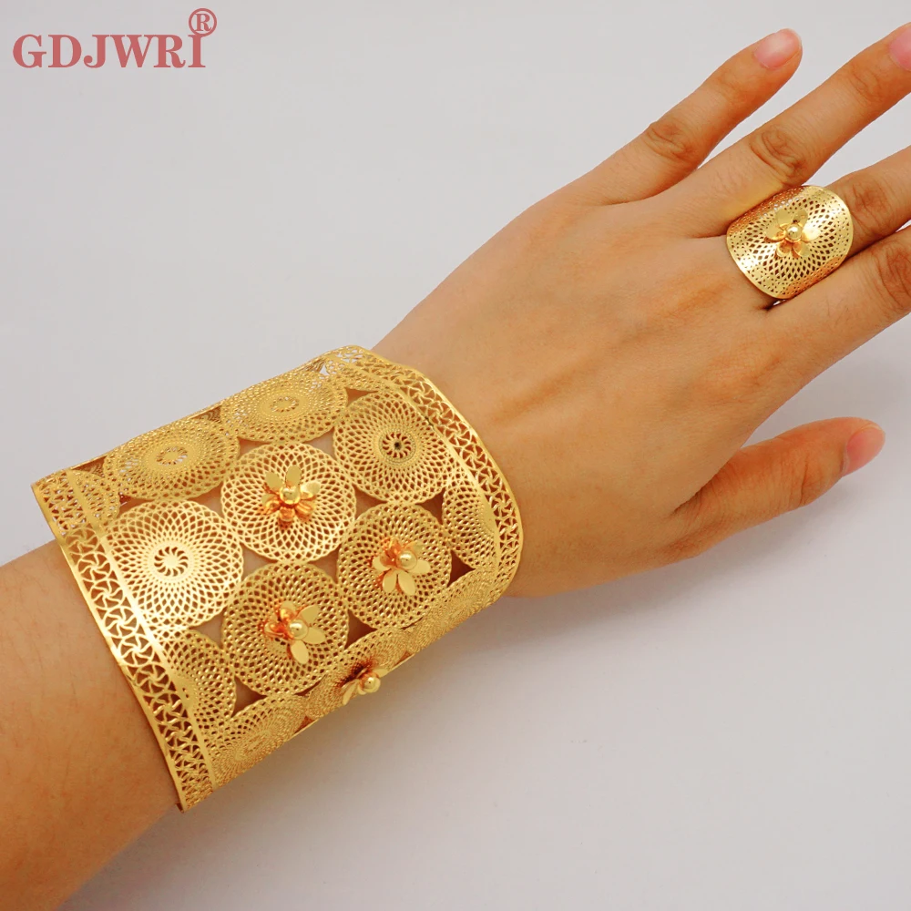 

Luxury Dubai Gold Color For Women Bracelet Ring Wedding Indian Cuff Bracelet Female Bridal Flower Bangles Jewelry Party Gift