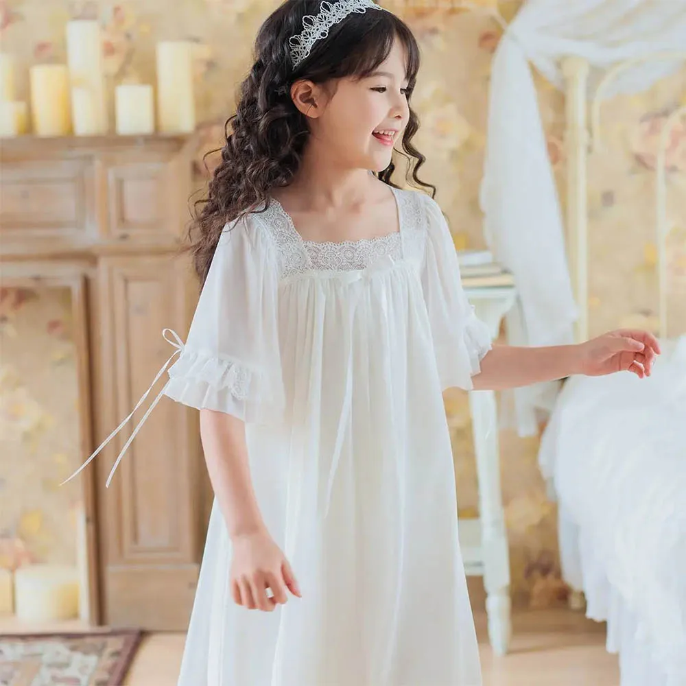 

New New Spring Summer Girls Princess Nightdress Shortsleeve Long Homewear Girls Lace Mesh Modal Pajamas for 4-13 Years Old