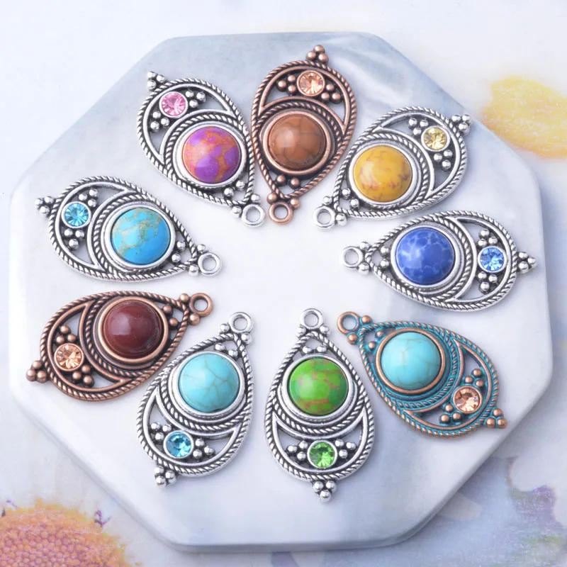 10 Stück Böhmischer Stil Antik Silberfarbene Stein- und Acryl-Anhänger Zinkmetall-Ohrringe Anhänger Zubehör DIY Damenschmuck