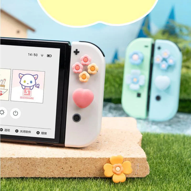 Flor Coração Silicone Soft D-pad Botão Cruz Abxy Key Sticker Capa de Pele para Interruptor Oled ns Joy-con Thumb Stick Grip Cap Cover - Image 5