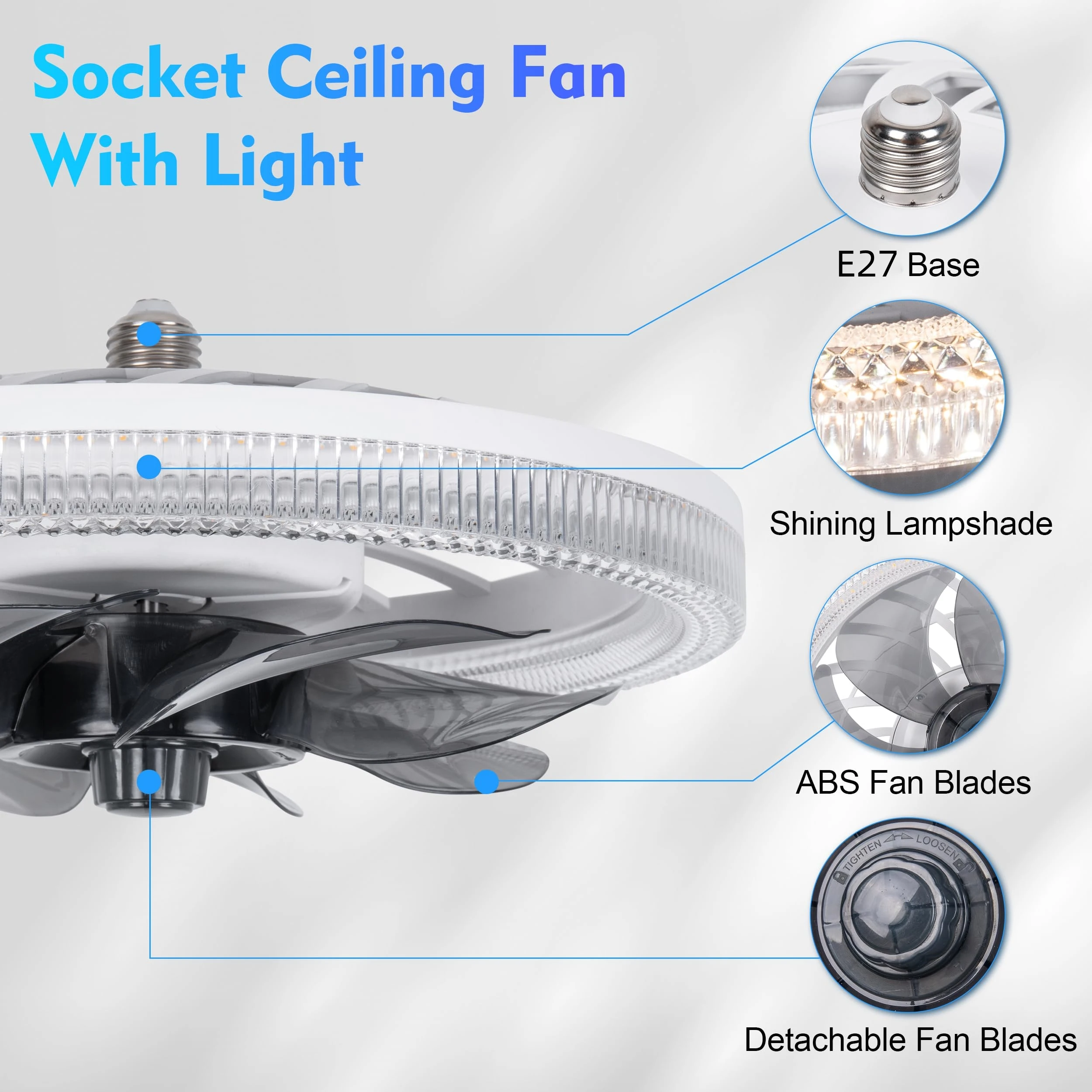Socket fan light with remote control, adjustable brightness 3000-6500K, Ceiling fan light for bedroom, living room, kitchen