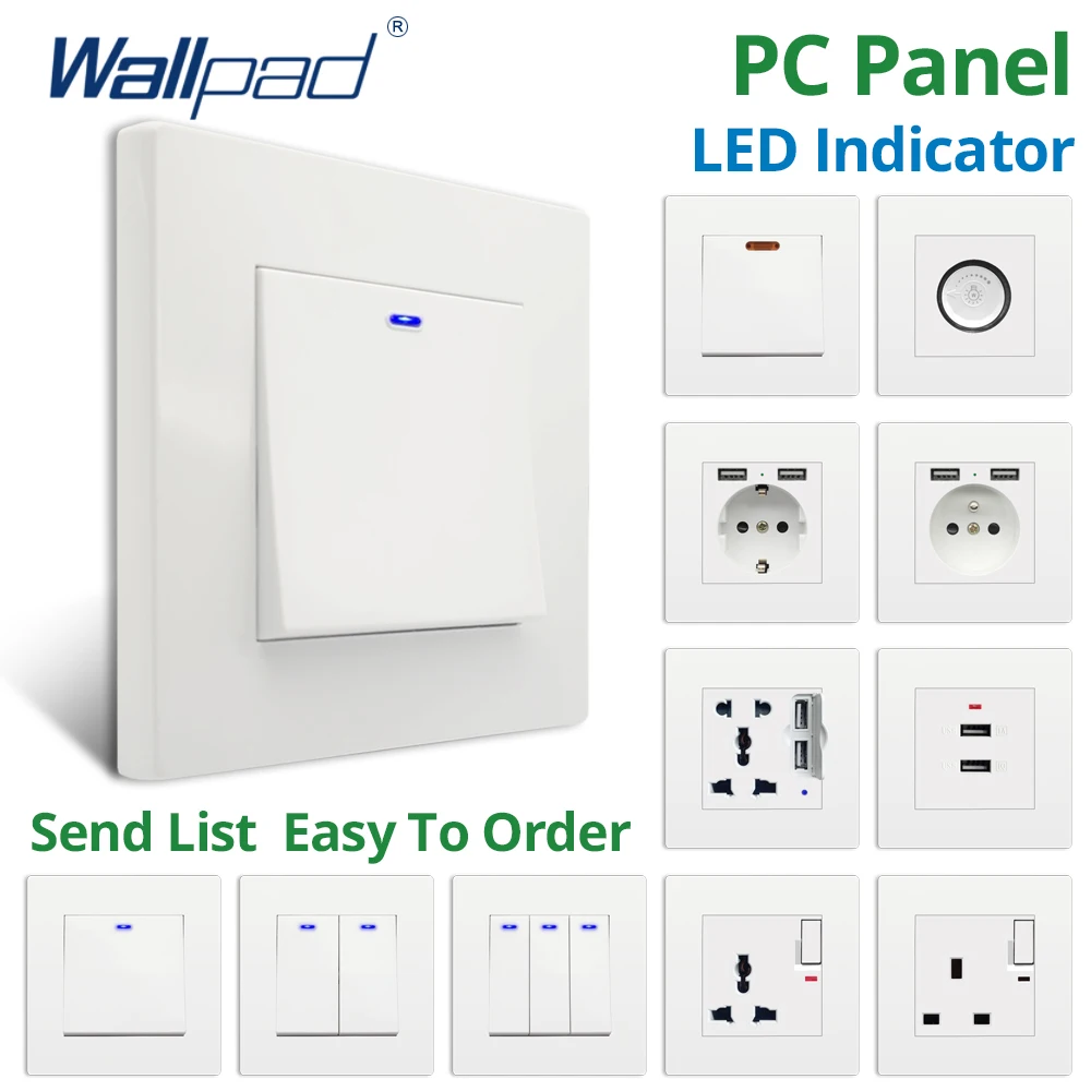 Wallpad Branco Painel pc Gang Way com Led Interruptor de Luz de Parede e Tomada Elétrica da ue com Tomada Porta Carga Usb 110 220v