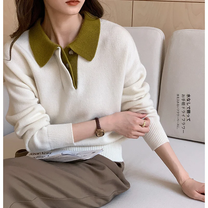 

Polo Collar Sweaters Knitting Women Pullover Contrasting Color Autumn Loose Long-sleeved Soft Waxy Inner Tops Lapel Thick Sweet