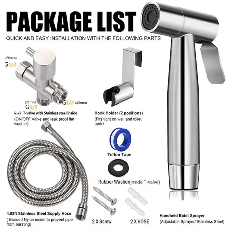 Handheld Toilet Bidet Sprayer Set Kit Stainless Steel Hand Bidet faucet for Bathroom Hand Sprayer Shower Head