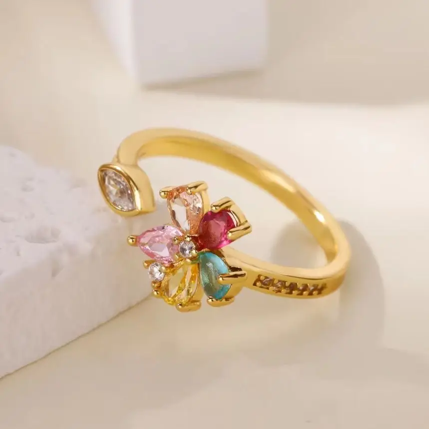 Zircon Flower Rings Women Gold Color Stainless Steel Adjustable Wedding