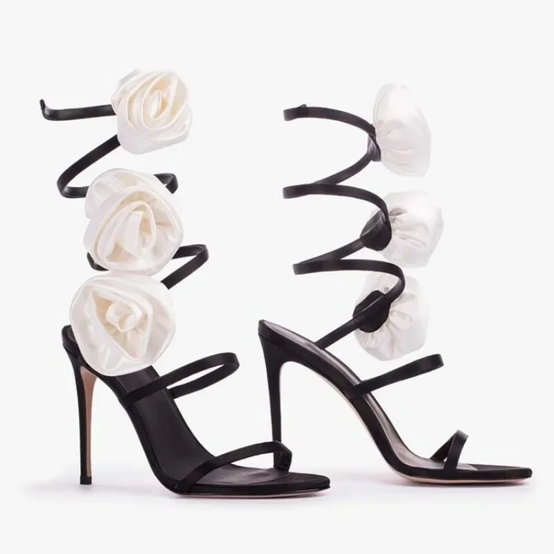 

Branded Satin Solid Color Floral Wrap Strap Sandals Summer Party Wedding Bridal 8cm/10cm High Heel Open Toe Women Shoes Size 43