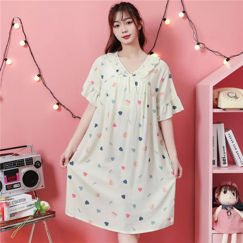 Loose Comfortable Sleepwear Cotton Rayon Night Dress Women New Casual Printed Nightgowns Female Summer Home Wear Nightshirt