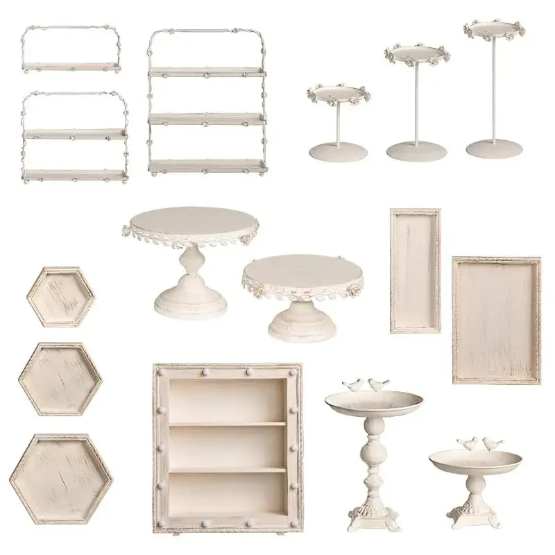 European White Dessert Table Decoration / Display Stand Set / Wedding Cake Set Table Wooden Snack Tray