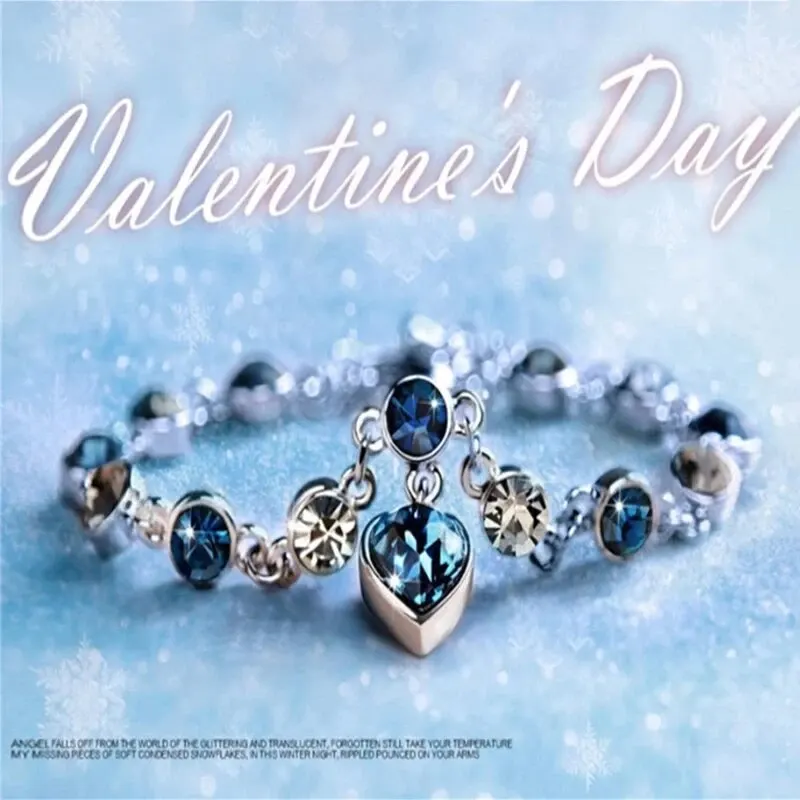 Women Lucky Bracelet Blue Crystal Heart Charm Bridal Wedding Engagement Fine Jewelry Gift