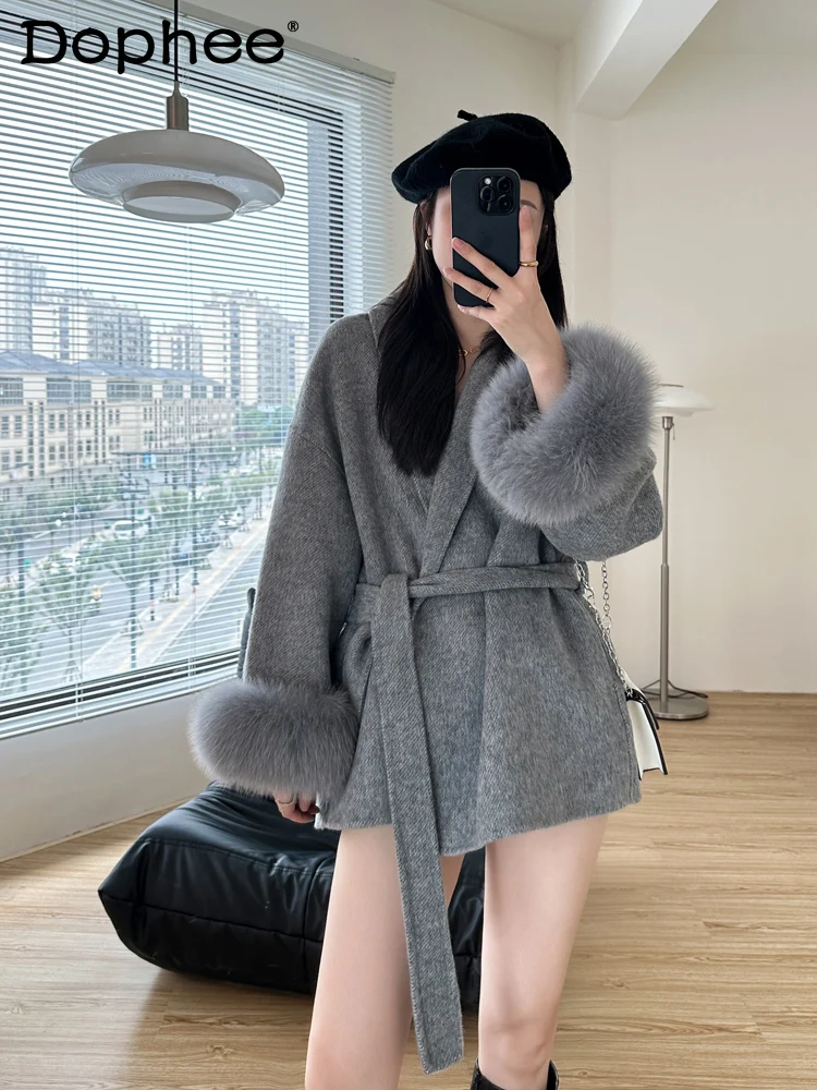 Double-Sided Cashmere Coat Female 2023 Autumn Winter New Retro V-neck Fox Fur Stitching Long Sleeve Woolen Fur Coat Women