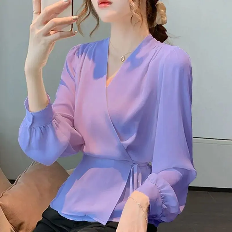 2023 Spring Autumn Korean Style Elegant Fashion Cross Lace Up Chiffon Blouse Femme Long Sleeve All-match Waist Shirt Top Women