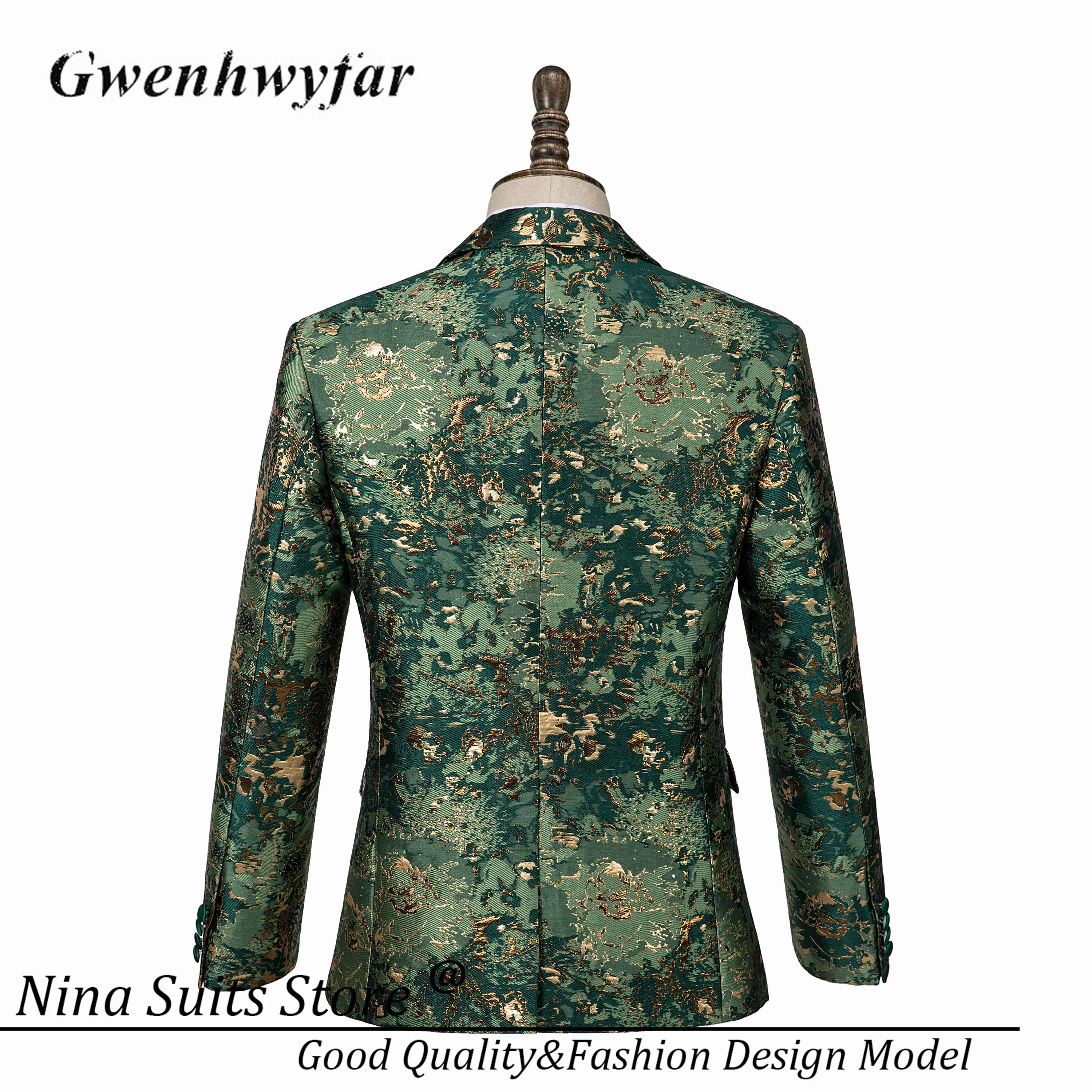 Gwenhwyfar Tailored Camouflage Men Tuxedos Gold Army Green Pattern Costume Homme Formal Male Suit Blazer Pants Vest