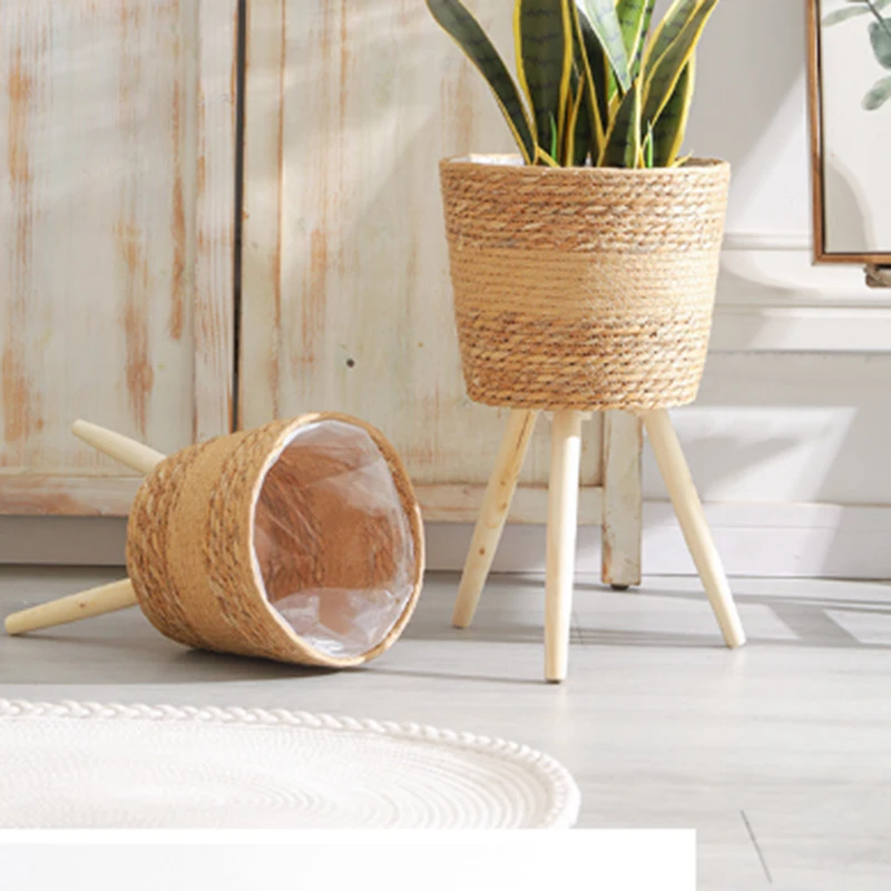 Elegant Rattan-Woven Plant Stand with Wooden Basket
