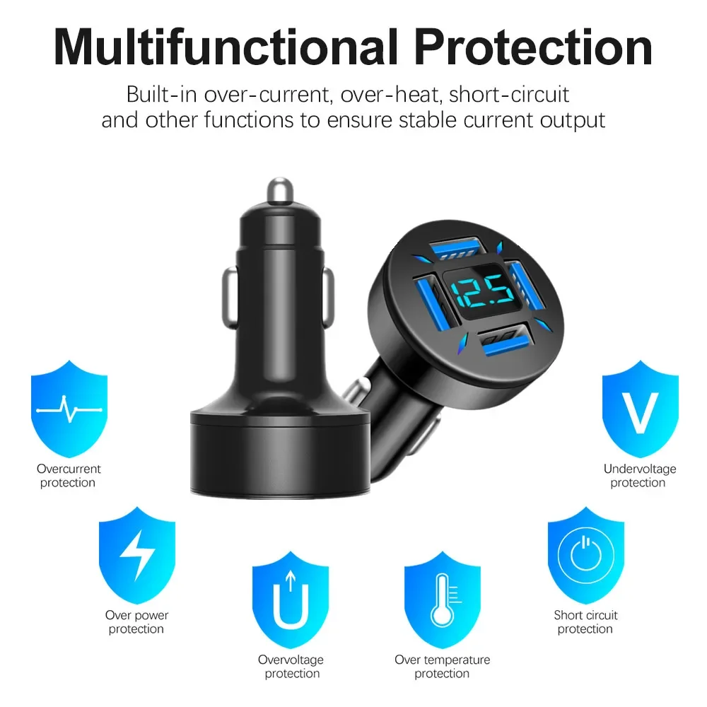 USB Car Charger Fast Charging 4 Ports Mobile Phone Adapter With Digital Display For iPhone Samsung Xiaomi Quick Charger Charger