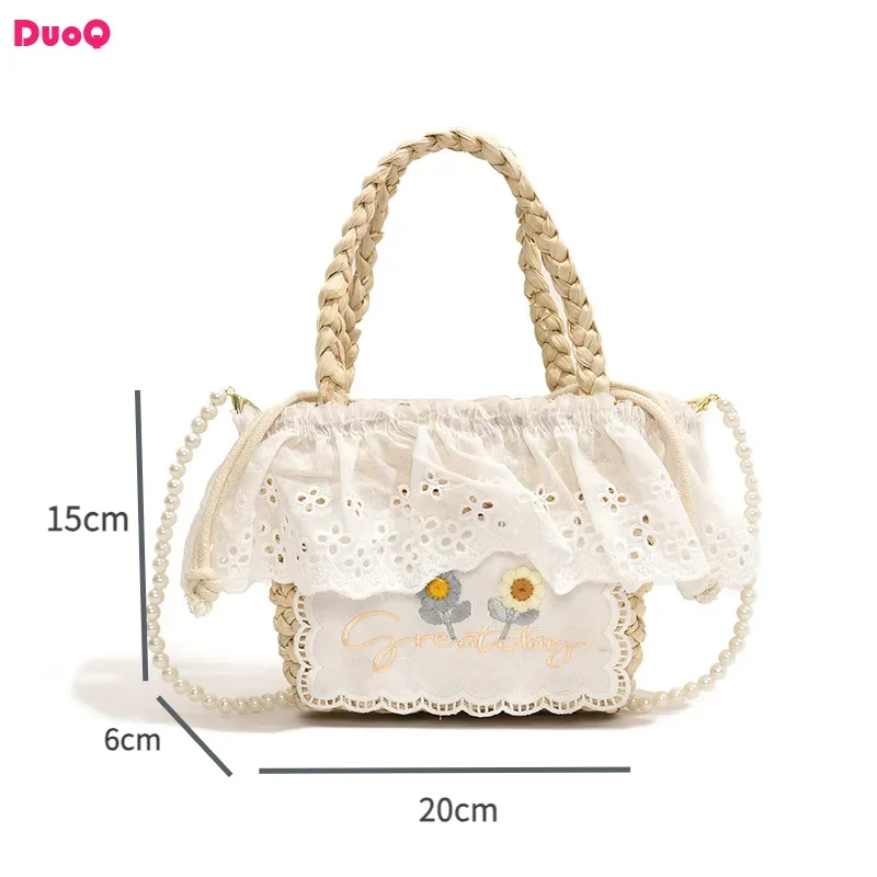 

New Grass Woven Bag Embroidered Small Flower Lace Patch Handbag with Countryside Style Woven Pearl Beach Resort by the Seaside