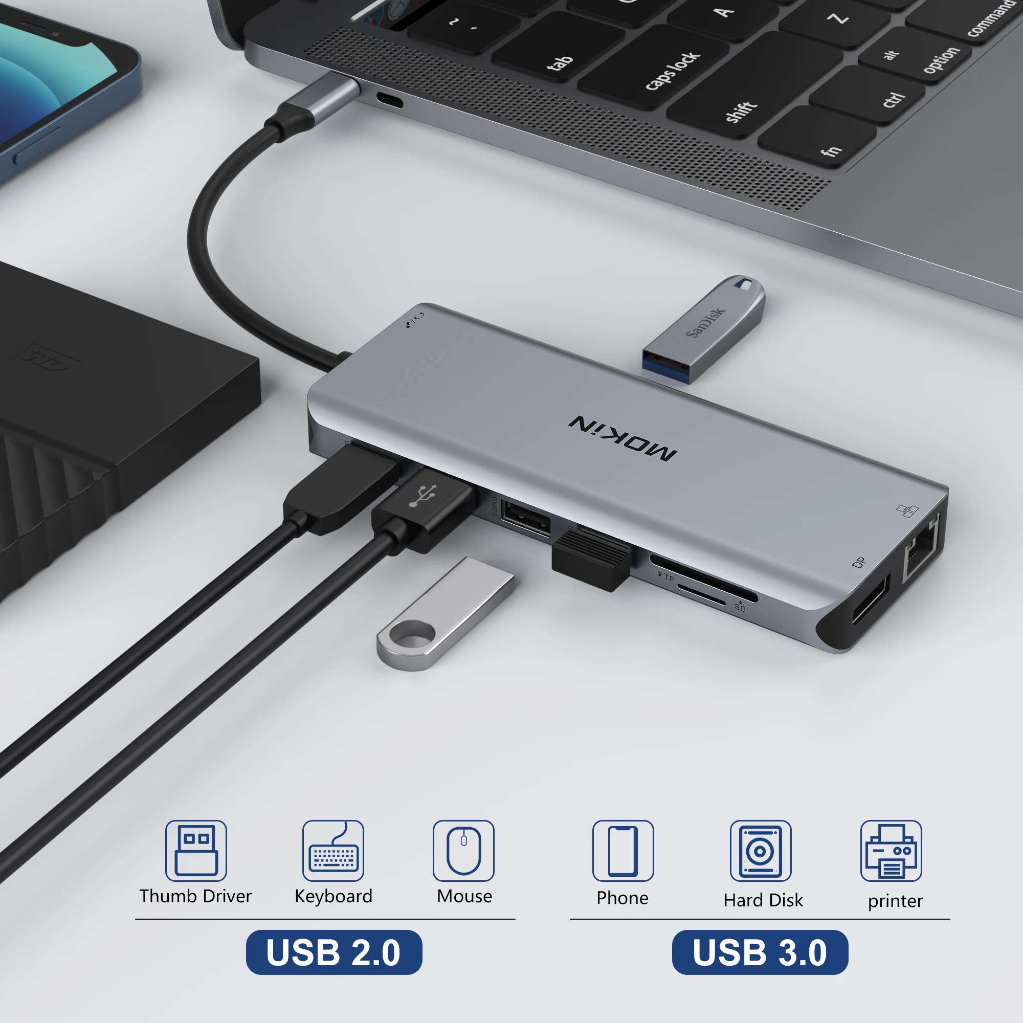 MacBook Air/Pro, iPad, Thunderbolt 노트북용 MOKiN 13 in 1 도킹 스테이션 - HDMI 4K30Hz, DP 4K60Hz, PD 100W, RJ45 1Gbps, 오디오