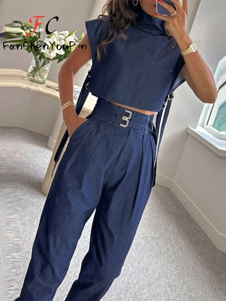 

2024 Women‘s Pant Set Spring Solid Color New Casual Belt High-necked Short-sleeved Top Loose Lace-up Temperament Long Pant Suits