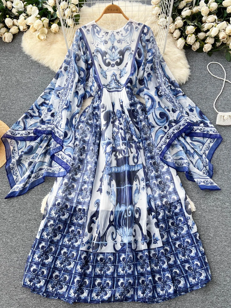 

Women Elegant Loose Large Print New Dress Spring Round Neck Vintage Flare Sleeves Chiffon Party Vacation Long Dresses Vestidos