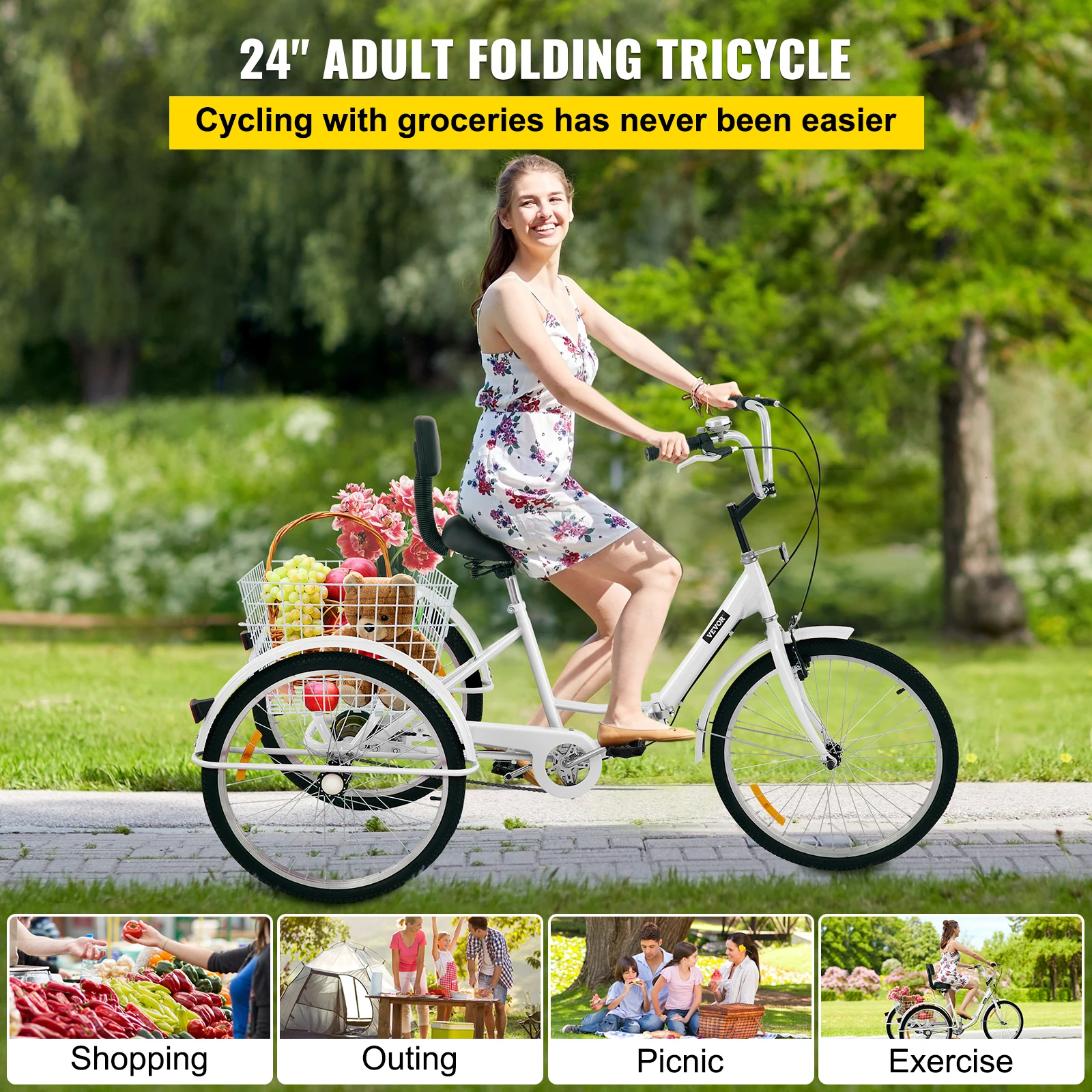24 inch Folding Adult Tricycle 3 Wheel Trike Bike 1/7 Speed High-Carbon Steel Cargo Trailer Pet Cart Outdoor Travel